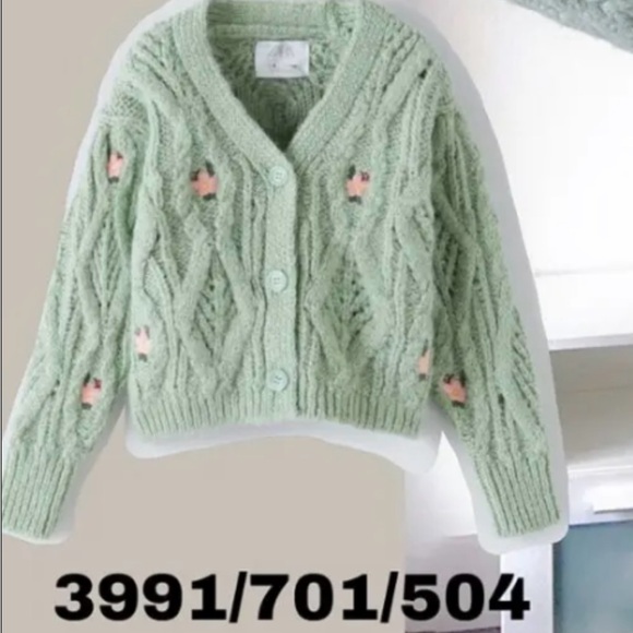 ZARA Cottage Mint Green Chunky Cableknit Floral Embroider Crop Cardigan Sweater - Picture 2 of 13
